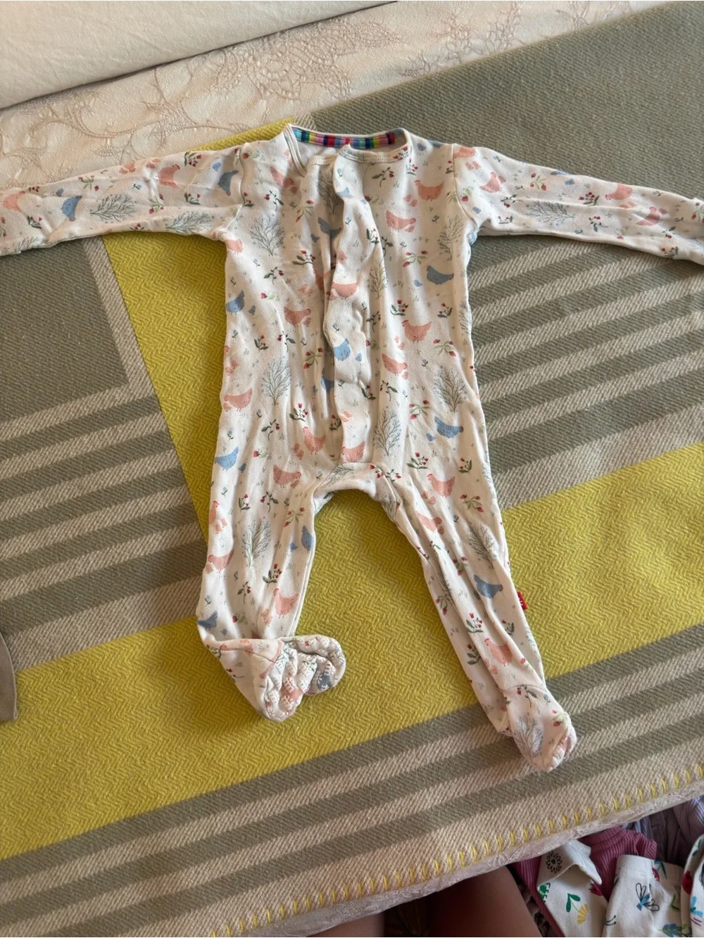 Magnetic Me Cream Footie Pajamas with Pink & Blue Bird Print